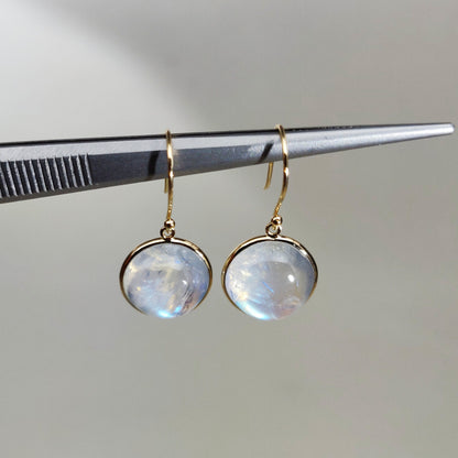 14K Gold Rainbow Moonstone Earrings, Natural Rainbow Moonstone Bezel Earrings, 14K Solid Yellow Gold Moonstone Earrings, June Birthstone