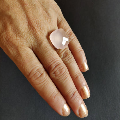 14K Yellow Solid Gold Gemstone Ring, Natural Rose Quartz Ring, January Birthstone, Christmas Gift, Rose Quartz Jewelry