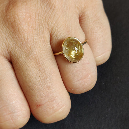 Natural Golden Rutile Ring, 14K Solid Yellow Gold Golden Rutile Ring, April Birthstone Ring, Bezel Ring, Oval Ring, Christmas Present