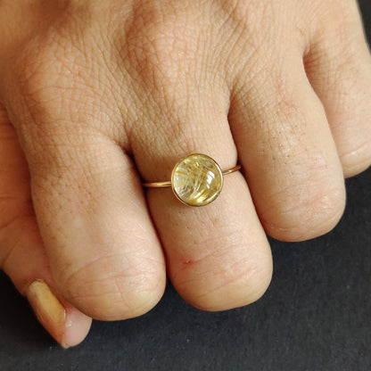 Natural Golden Rutile Ring, 14K Solid Yellow Gold Golden Rutile Ring, April Birthstone Ring, Bezel Ring, Round Ring, Anniversary Present