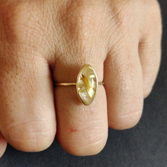 Natural Golden Rutile Ring, 14K Solid Yellow Gold Golden Rutile Ring, April Birthstone Ring, Bezel Ring, Marquoise Ring, Anniversary Present