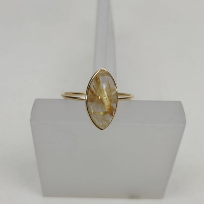 Natural Golden Rutile Ring, 14K Solid Yellow Gold Golden Rutile Ring, April Birthstone Ring, Bezel Ring, Marquoise Ring, Anniversary Present