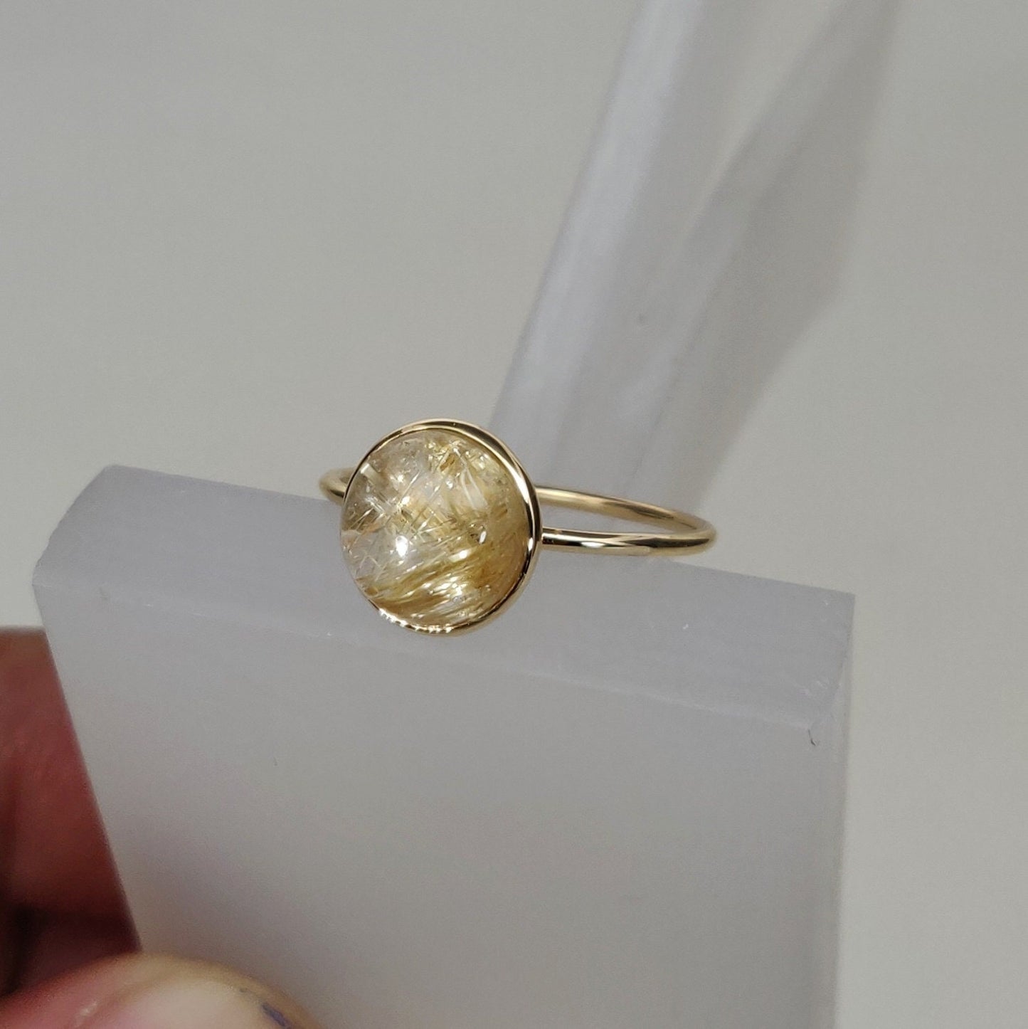 Natural Golden Rutile Ring, 14K Solid Yellow Gold Golden Rutile Ring, April Birthstone Ring, Bezel Ring, Round Ring, Anniversary Present