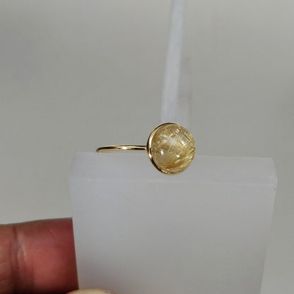 Natural Golden Rutile Ring, 14K Solid Yellow Gold Golden Rutile Ring, April Birthstone Ring, Bezel Ring, Round Ring, Anniversary Present