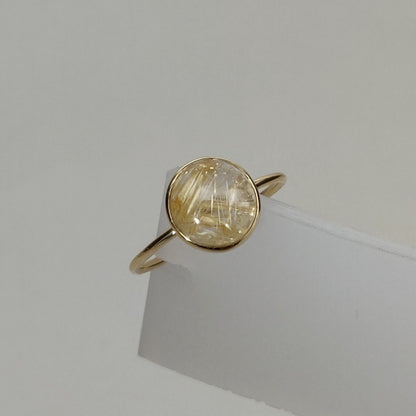 Natural Golden Rutile Ring, 14K Solid Yellow Gold Golden Rutile Ring, April Birthstone Ring, Bezel Ring, Round Ring, Anniversary Present