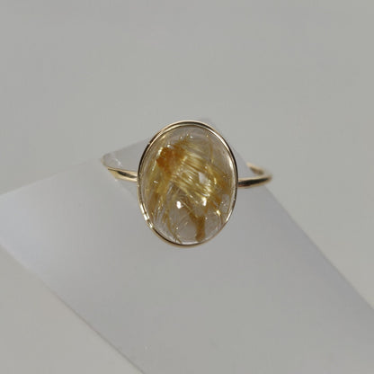 Natural Golden Rutile Ring, 14K Solid Yellow Gold Golden Rutile Ring, April Birthstone Ring, Bezel Ring, Oval Ring, Christmas Present