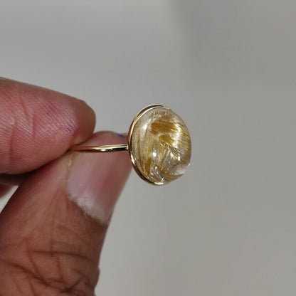 Natural Golden Rutile Ring, 14K Solid Yellow Gold Golden Rutile Ring, April Birthstone Ring, Bezel Ring, Oval Ring, Christmas Present