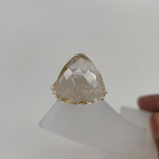 Natural Golden Rutile Ring, 14K Solid Yellow Gold Golden Rutile Ring, April Birthstone Ring, Prong Ring, Trillion Ring, Christmas Present