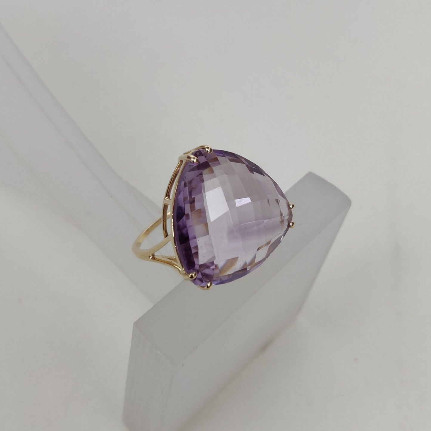 Natural Pink Amethyst Ring, 14K Solid Yellow Gold Pink Amethyst Ring, February Birthstone Ring, Prong Ring, Trillion Ring, Anniversary Gift