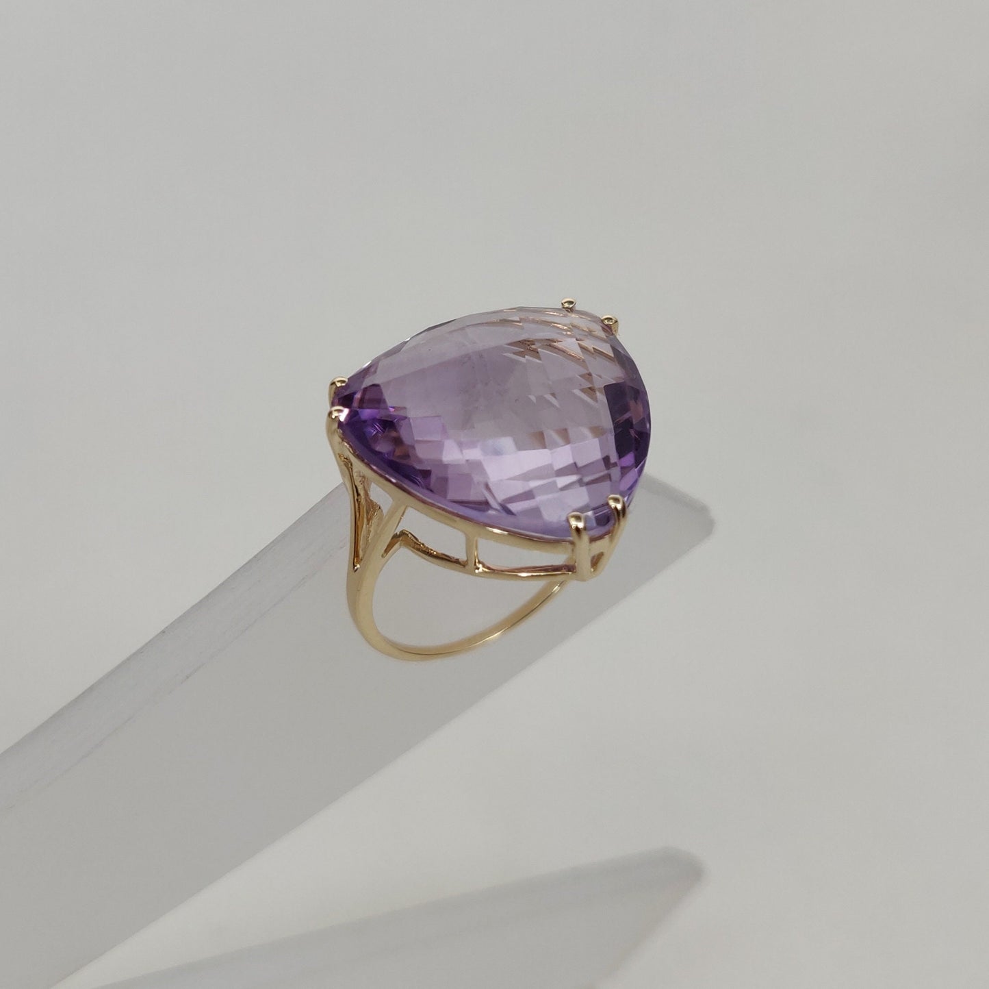 Natural Pink Amethyst Ring, 14K Solid Yellow Gold Pink Amethyst Ring, February Birthstone Ring, Prong Ring, Trillion Ring, Anniversary Gift