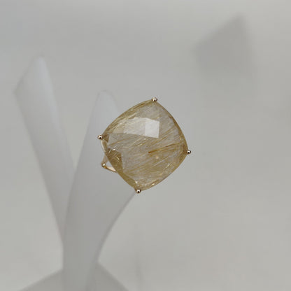 Natural Golden Rutile Ring, 14K Solid Yellow Gold Golden Rutile Ring, April Birthstone Ring, Prong Ring, Cushion Ring, Anniversary Present