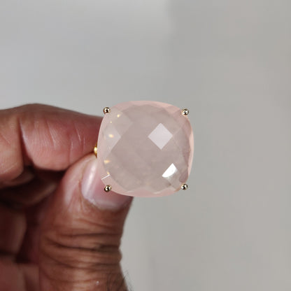 14K Yellow Solid Gold Gemstone Ring, Natural Rose Quartz Ring, January Birthstone, Christmas Gift, Rose Quartz Jewelry