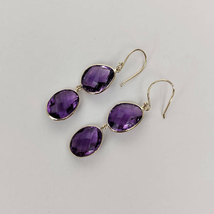 14K Gold Purple Amethyst Earring, Natural Purple Amethyst Bezel Earring, 14K Solid Yellow Gold Earring, February Birthstone, Christmas Gift