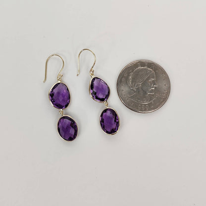 14K Gold Purple Amethyst Earring, Natural Purple Amethyst Bezel Earring, 14K Solid Yellow Gold Earring, February Birthstone, Christmas Gift