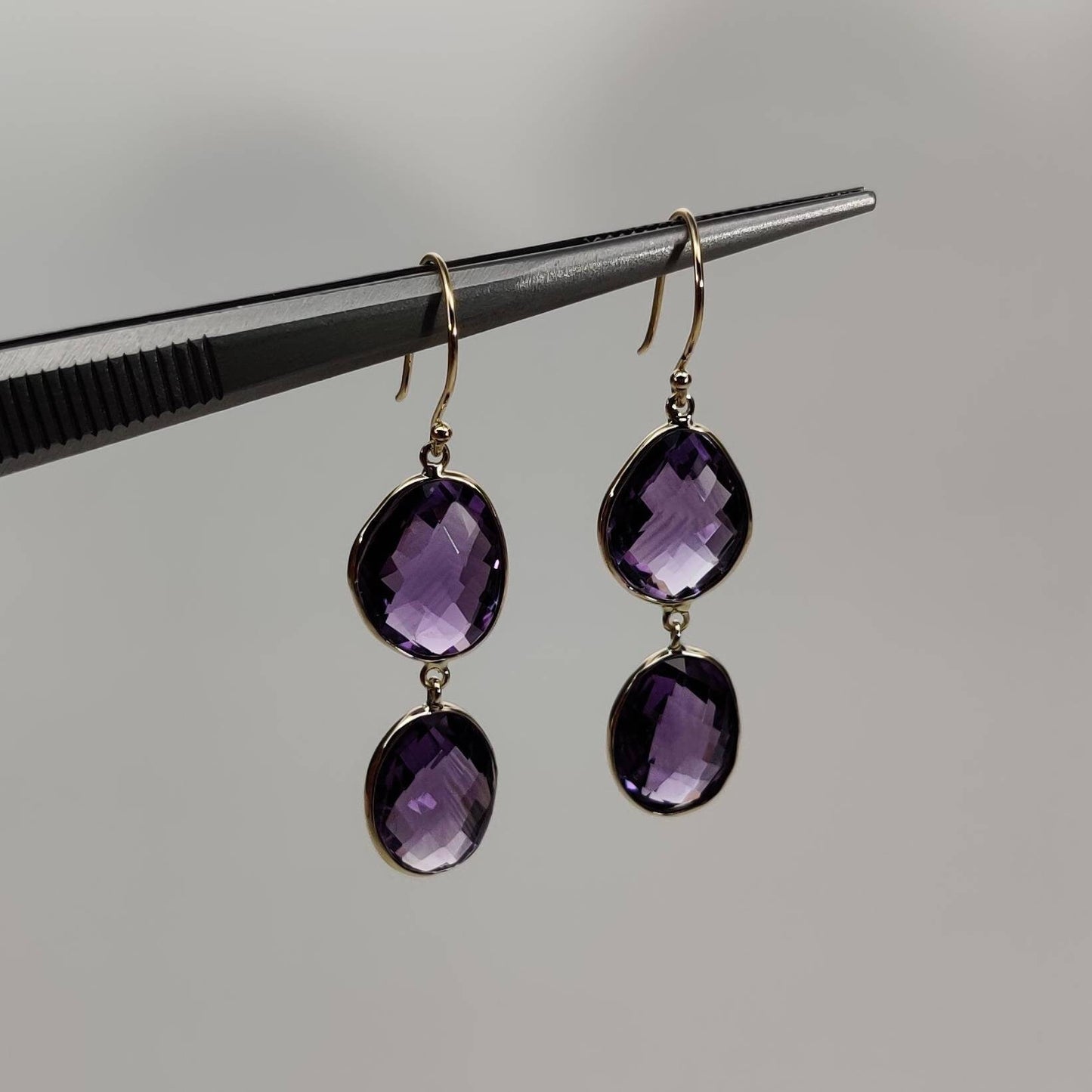 14K Gold Purple Amethyst Earring, Natural Purple Amethyst Bezel Earring, 14K Solid Yellow Gold Earring, February Birthstone, Christmas Gift