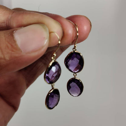 14K Gold Purple Amethyst Earring, Natural Purple Amethyst Bezel Earring, 14K Solid Yellow Gold Earring, February Birthstone, Christmas Gift