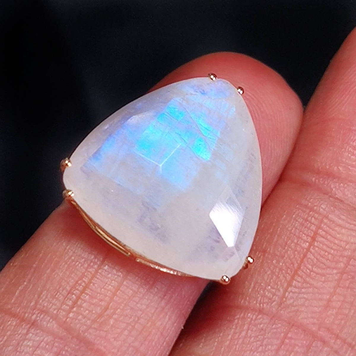 Natural Rainbow Moonstone Ring, 14K Solid Yellow Gold Trillion Prong Ring