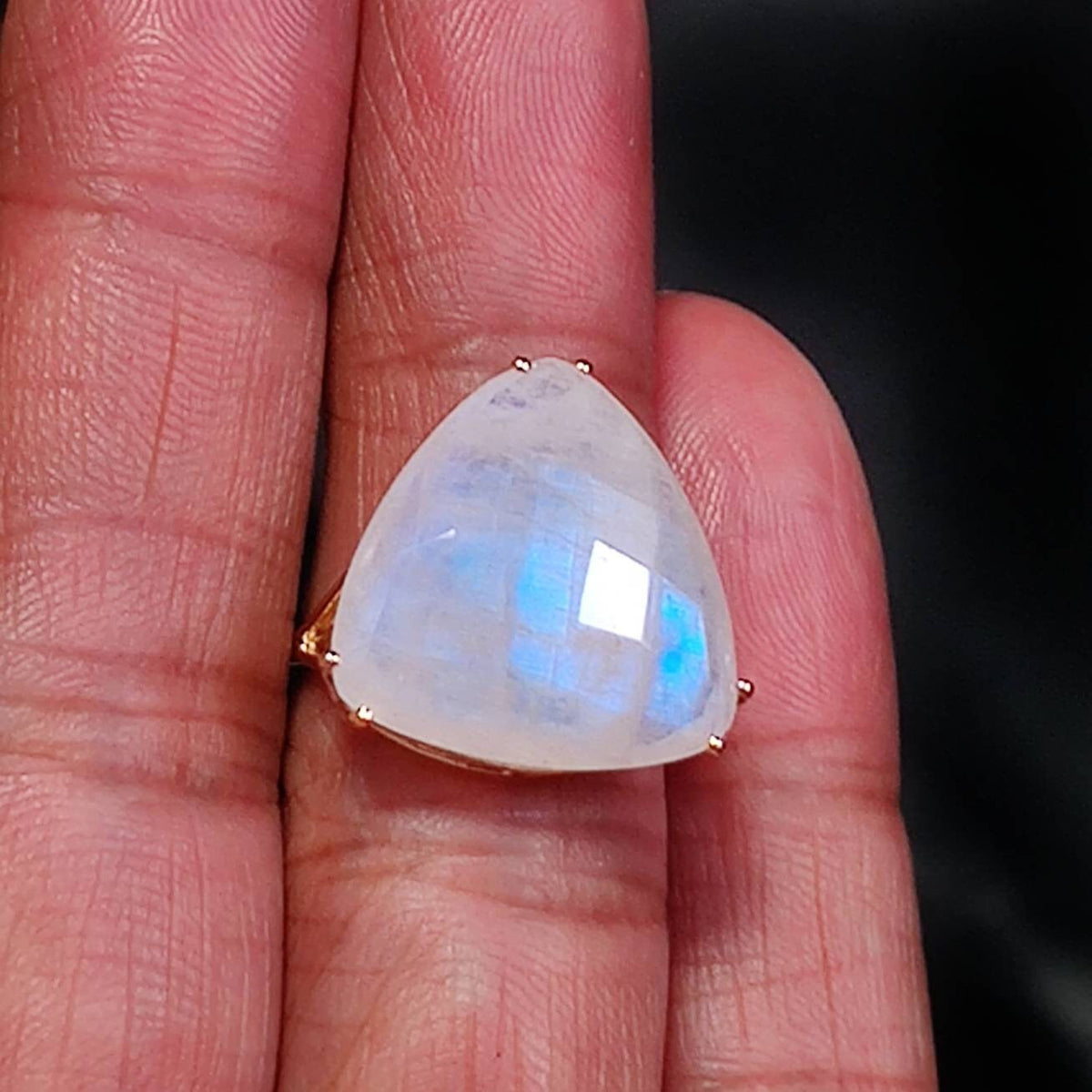Natural Rainbow Moonstone Ring, 14K Solid Yellow Gold Trillion Prong Ring