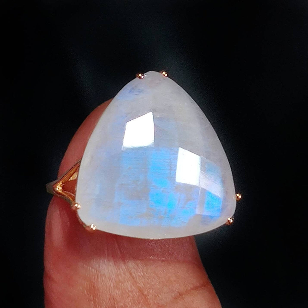 Natural Rainbow Moonstone Ring, 14K Solid Yellow Gold Trillion Prong Ring