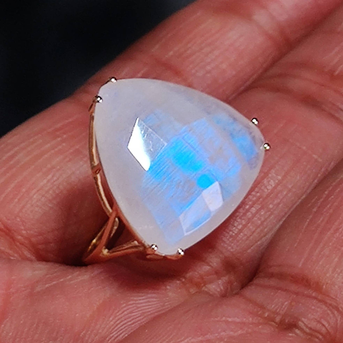 Natural Rainbow Moonstone Ring, 14K Solid Yellow Gold Trillion Prong Ring
