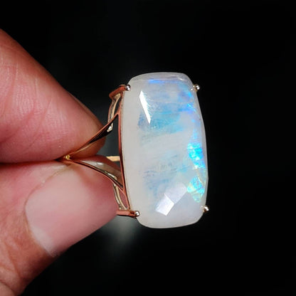 Natural Rainbow Moonstone Ring, 14K Solid Yellow Gold Blue Moonstone Ring,June Birthstone Ring, Prong Ring, Rectangle Ring, Christmas Gift