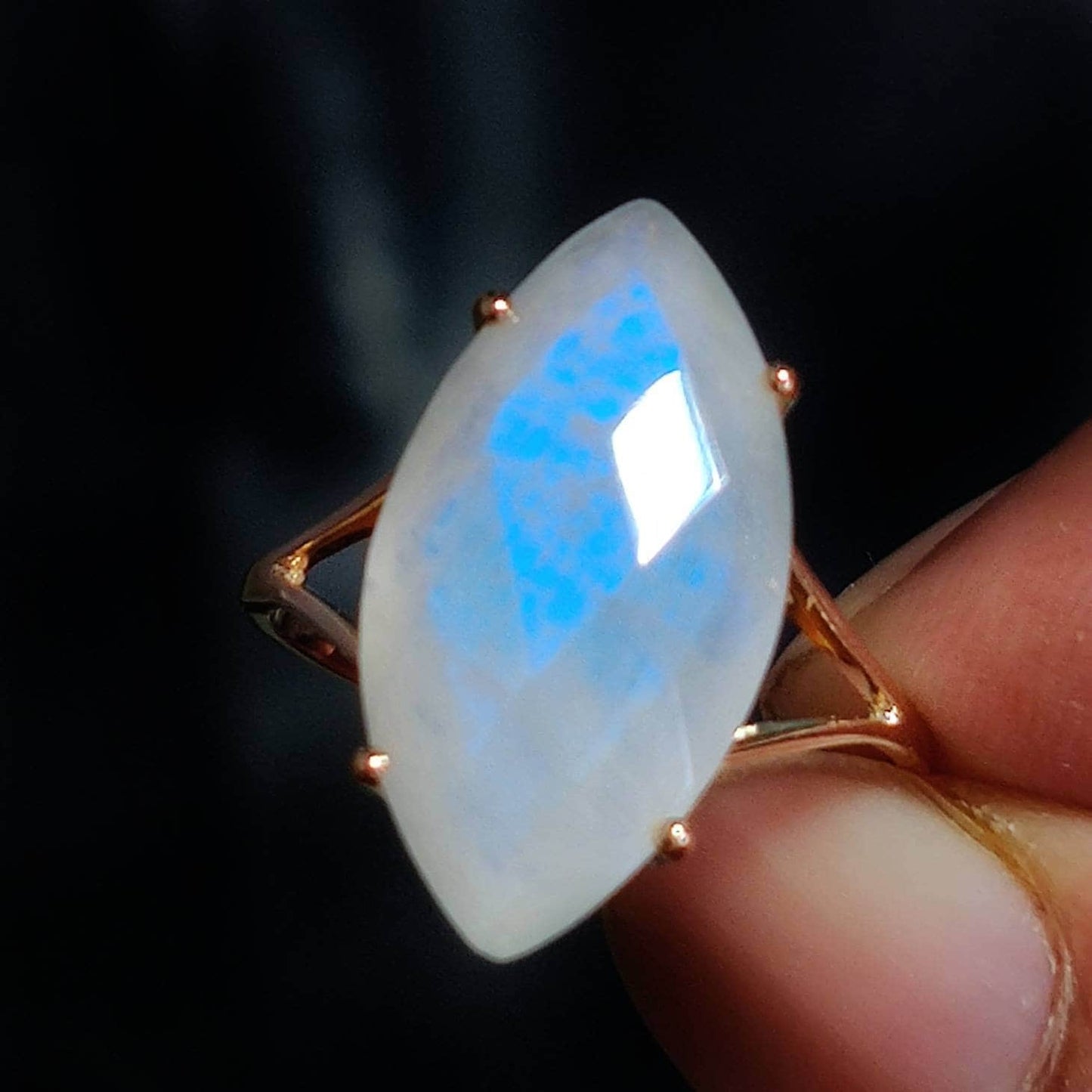 Natural Rainbow Moonstone Ring, 14K Solid Yellow Gold Blue Moonstone Ring, June Birthstone, Prong Ring, Marquoise Ring, Anniversary Gift