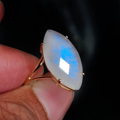 Natural Rainbow Moonstone Ring, 14K Solid Yellow Gold Blue Moonstone Ring, June Birthstone, Prong Ring, Marquoise Ring, Anniversary Gift