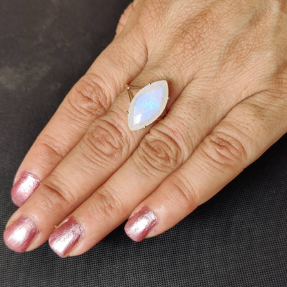 Natural Rainbow Moonstone Ring, 14K Solid Yellow Gold Blue Moonstone Ring, June Birthstone, Prong Ring, Marquoise Ring, Anniversary Gift