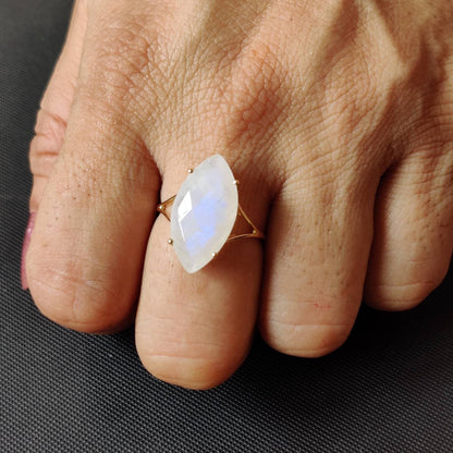 Natural Rainbow Moonstone Ring, 14K Solid Yellow Gold Blue Moonstone Ring, June Birthstone, Prong Ring, Marquoise Ring, Anniversary Gift