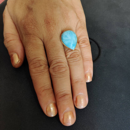 Natural Larimar Ring, 14K Solid Yellow Gold Larimar Ring, February Birthstone Ring, Bezel Ring, Larimar Jewelry, Anniversary Gift