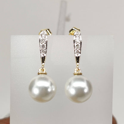 Pearl Diamonds 14K Solid Gold Earrings , Yellow 14K Gold Handmade Pearl Diamond Earrings , June Birthstone ,Diamond Jewelry, Pearl Drops