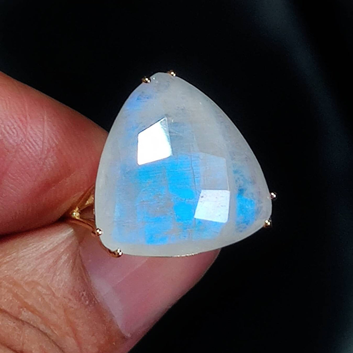 Natural Rainbow Moonstone Ring, 14K Solid Yellow Gold Trillion Prong Ring