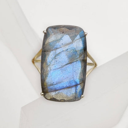 Natural Labradorite Ring, 14K Solid Yellow Gold Labradorite Ring, August Birthstone Ring, Prong Ring, Rectangle Ring, Christmas Present