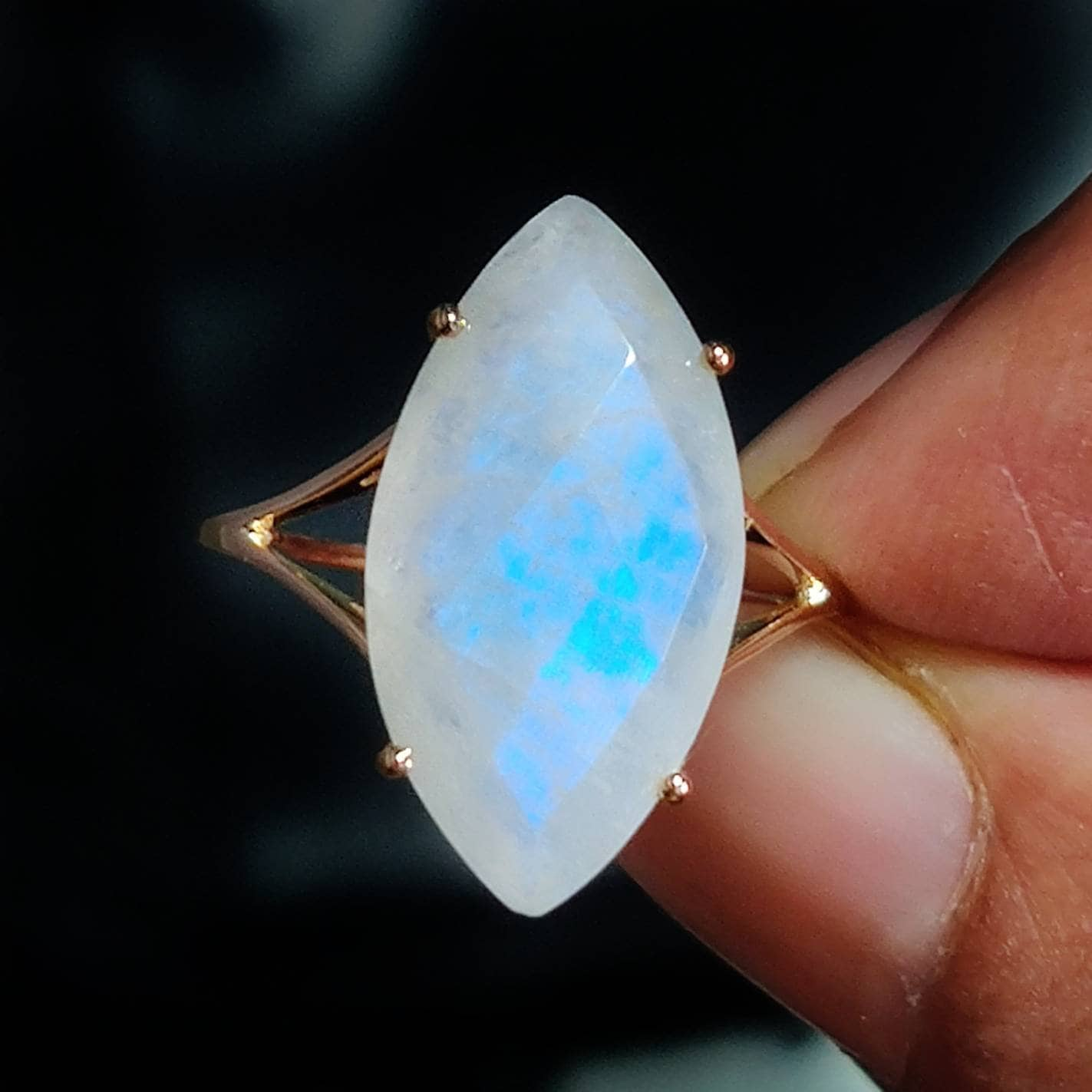 Natural Rainbow Moonstone Ring, 14K Solid Yellow Gold Blue Moonstone Ring, June Birthstone, Prong Ring, Marquoise Ring, Anniversary Gift