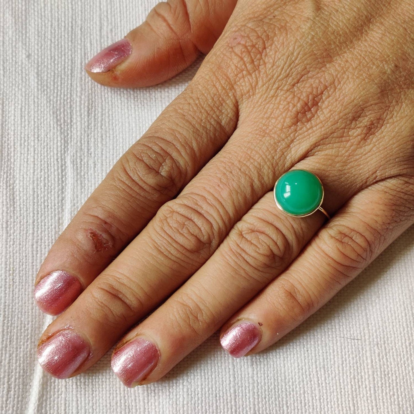 Natural Chrysoprase Ring, 14K Solid Yellow Gold Chrysoprase Ring, May Birthstone Ring, Bezel Ring, Round Ring, Christmas Gift