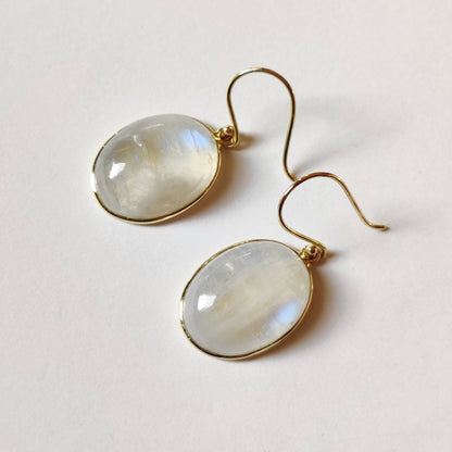 Natural Raionbow Moonstone Earrings, 14K Solid Yellow Gold Moonstone Earrings, June Birthstone Earrings, Bezel Earrings, Oval Earrings