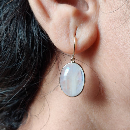 Natural Raionbow Moonstone Earrings, 14K Solid Yellow Gold Moonstone Earrings, June Birthstone Earrings, Bezel Earrings, Oval Earrings