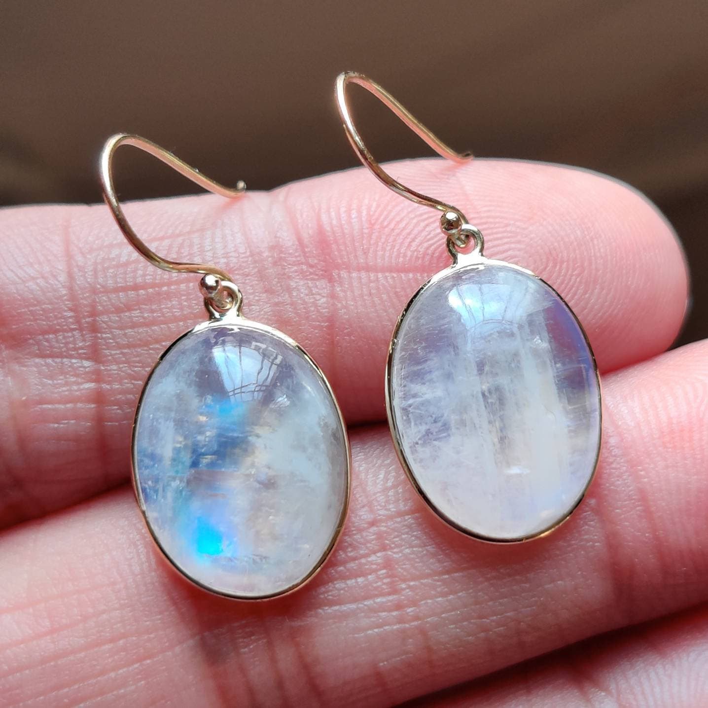 Natural Raionbow Moonstone Earrings, 14K Solid Yellow Gold Moonstone Earrings, June Birthstone Earrings, Bezel Earrings, Oval Earrings