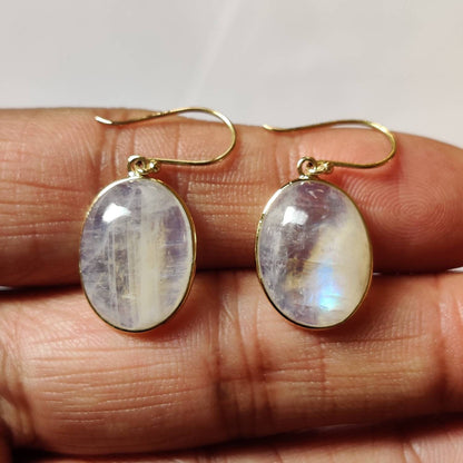 Natural Raionbow Moonstone Earrings, 14K Solid Yellow Gold Moonstone Earrings, June Birthstone Earrings, Bezel Earrings, Oval Earrings