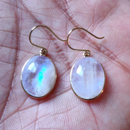 Natural Raionbow Moonstone Earrings, 14K Solid Yellow Gold Moonstone Earrings, June Birthstone Earrings, Bezel Earrings, Oval Earrings