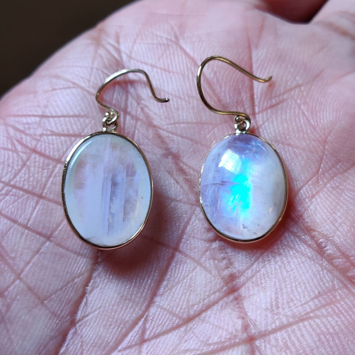 Natural Raionbow Moonstone Earrings, 14K Solid Yellow Gold Moonstone Earrings, June Birthstone Earrings, Bezel Earrings, Oval Earrings