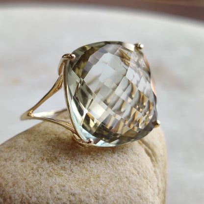 Natural Green Amethyst Ring, 14K Solid Yellow Gold Green Amethyst Ring, February  Birthstone, Prong Ring, Square Ring, Christmas Present