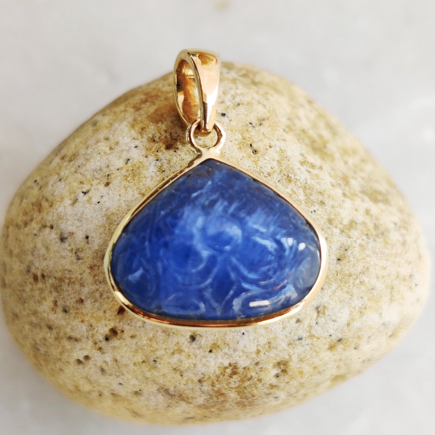 Natural Blue Sapphire Pendant, 14K Solid Yellow Gold Blue Sapphire Pendant, Sapphire Carving Pendant, September Birthstone, Christmas Gift