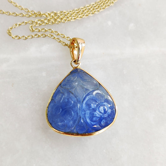 Natural Blue Sapphire Pendant, 14K Solid Yellow Gold Sapphire Pendant, Carving Sapphire Pendant, September Birthstone, Christmas Present