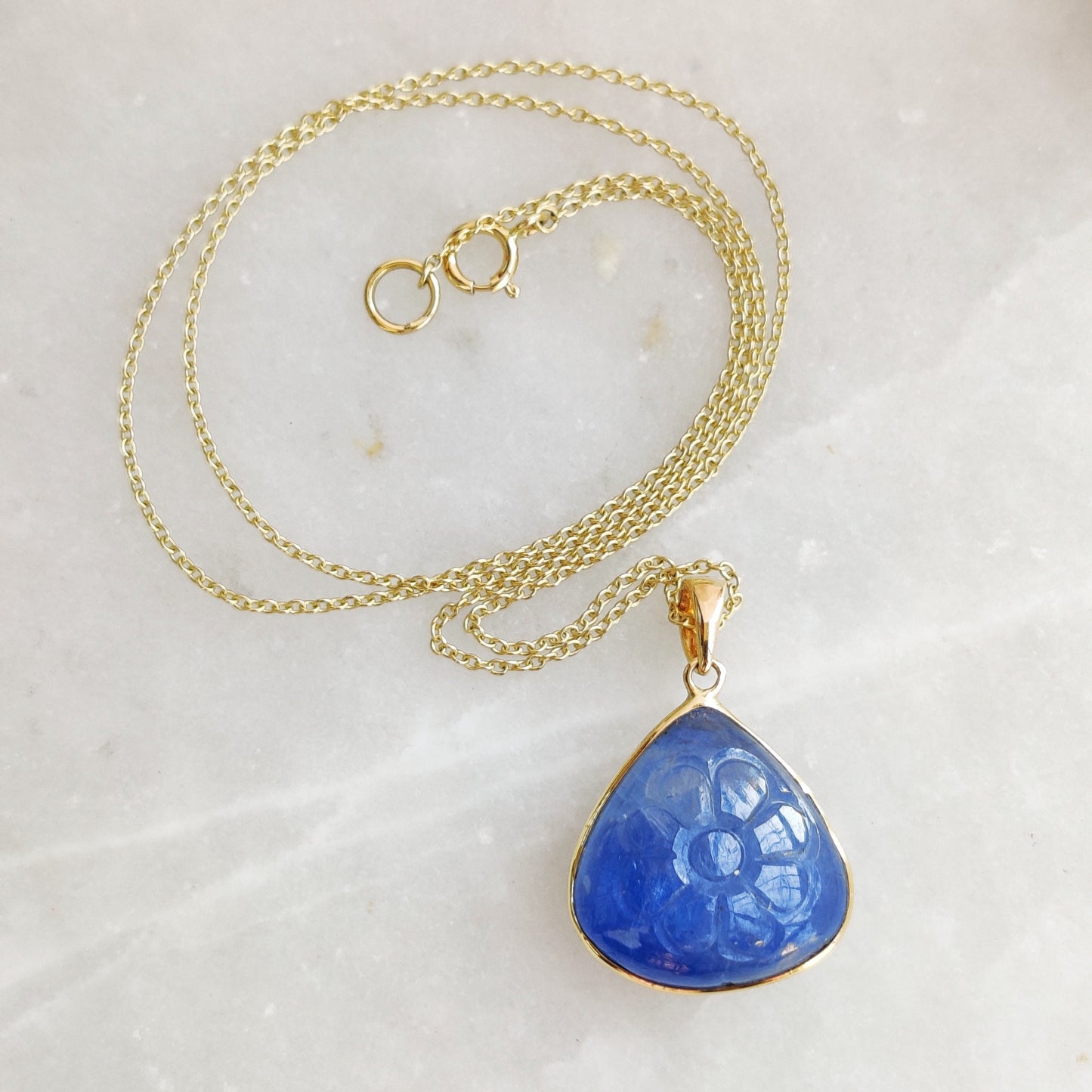 Natural Blue Sapphire Pendant, 14K Solid Yellow Gold Sapphire Pendant, Carving Sapphire Pendant, September Birthstone, Christmas Present