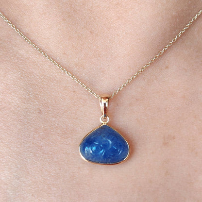 Natural Blue Sapphire Pendant, 14K Solid Yellow Gold Blue Sapphire Pendant, Sapphire Carving Pendant, September Birthstone, Christmas Gift