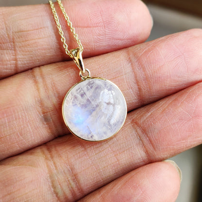 Moonstone Necklace, Rainbow Moonstone 14k Solid Gold Pendant Necklace , Natural Blue Moonstone Gold Jewelry, Christmas Gift, June Birthstone