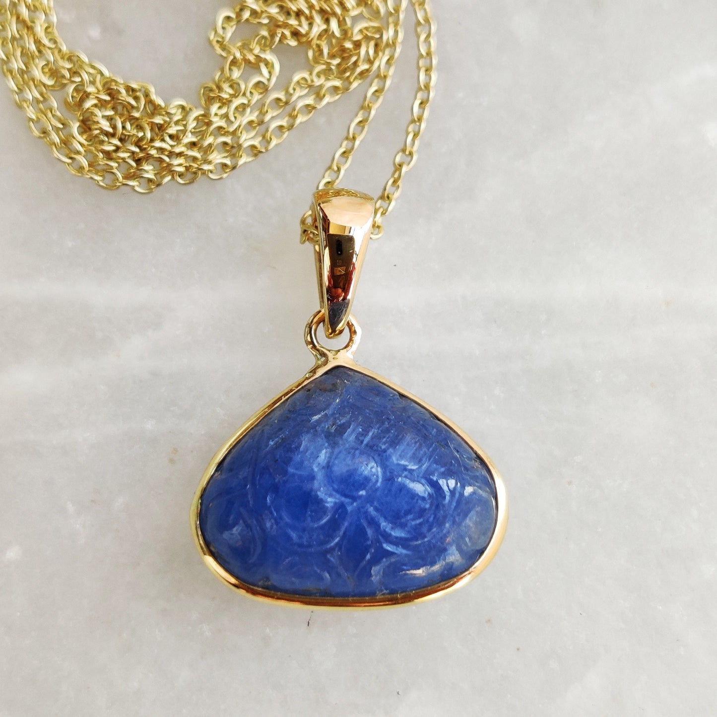 Natural Blue Sapphire Pendant, 14K Solid Yellow Gold Blue Sapphire Pendant, Sapphire Carving Pendant, September Birthstone, Christmas Gift