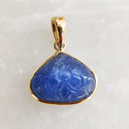 Natural Blue Sapphire Pendant, 14K Solid Yellow Gold Blue Sapphire Pendant, Sapphire Carving Pendant, September Birthstone, Christmas Gift