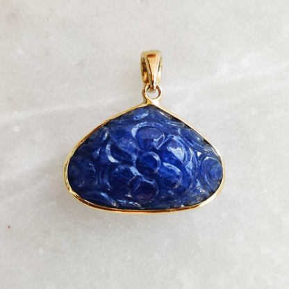 Natural Blue Sapphire Pendant, 14K Solid Gold Blue Sapphire Pendant, Blue Sapphire Carving Pendant, September Birthstone, Christmas Present